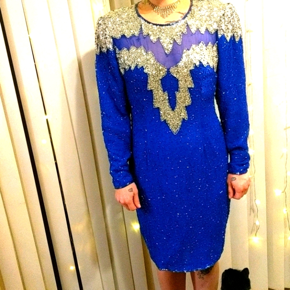Vintage Sténay sequin dress size six blue